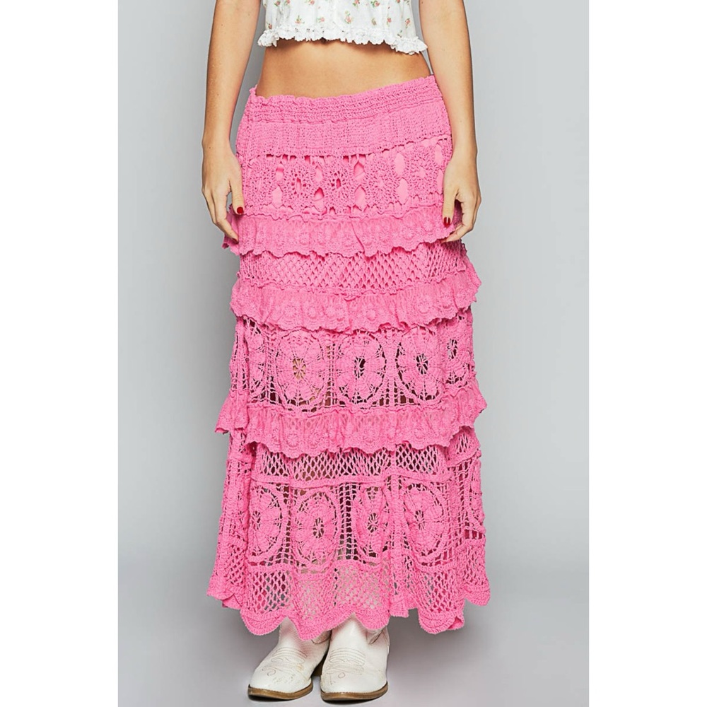 POL Bubblegum Pink Tiered Ruffled Flowy Crochet Maxi Skirt - Picture 6 of 9